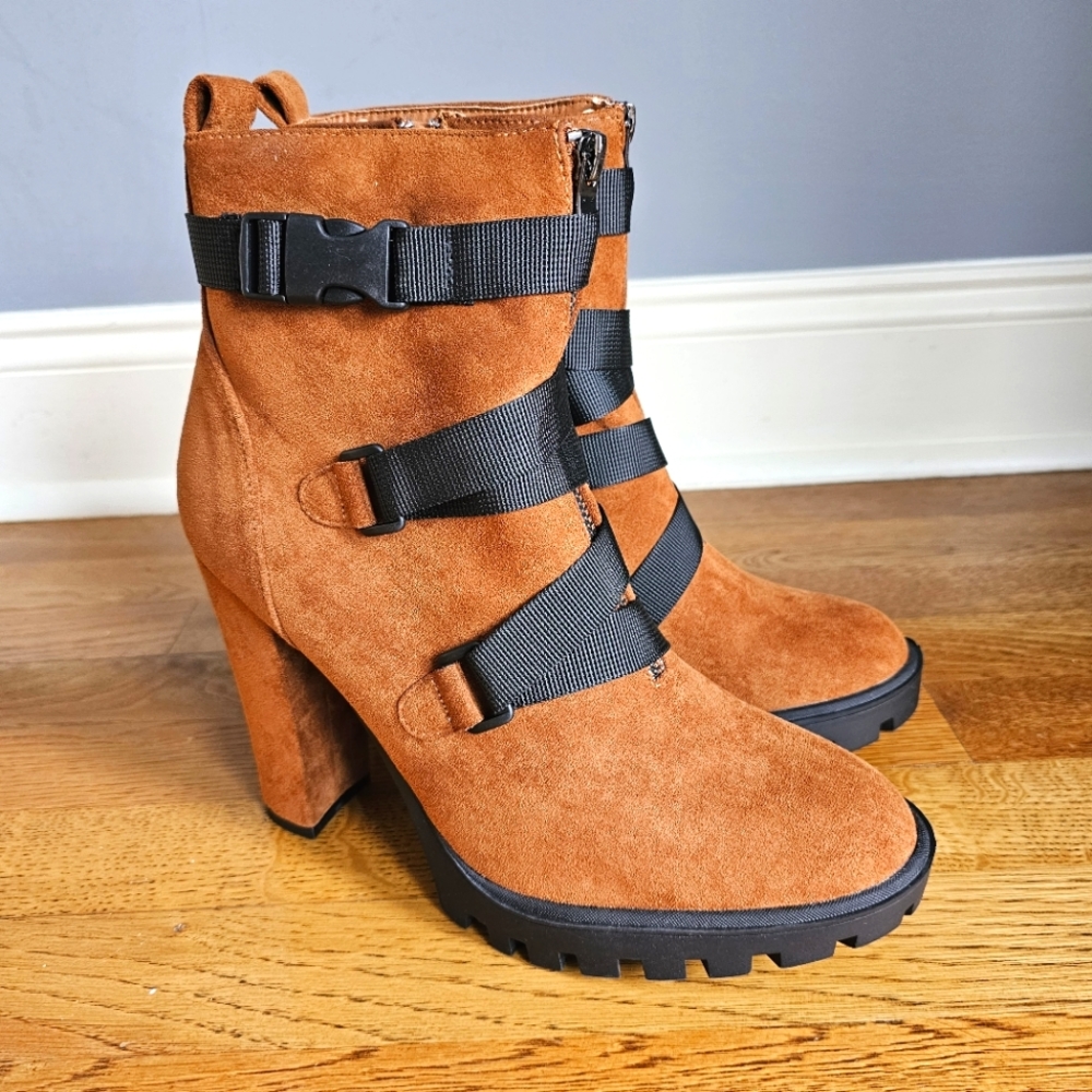 NEW! Shoe Republic LA Faux Suede Criss Cross Block Heel Boot
